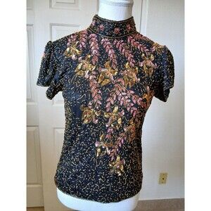 VTG 90s Marina Bresler Black Cap Sleeve Hand Beaded Eveningwear Top Back Zip SP